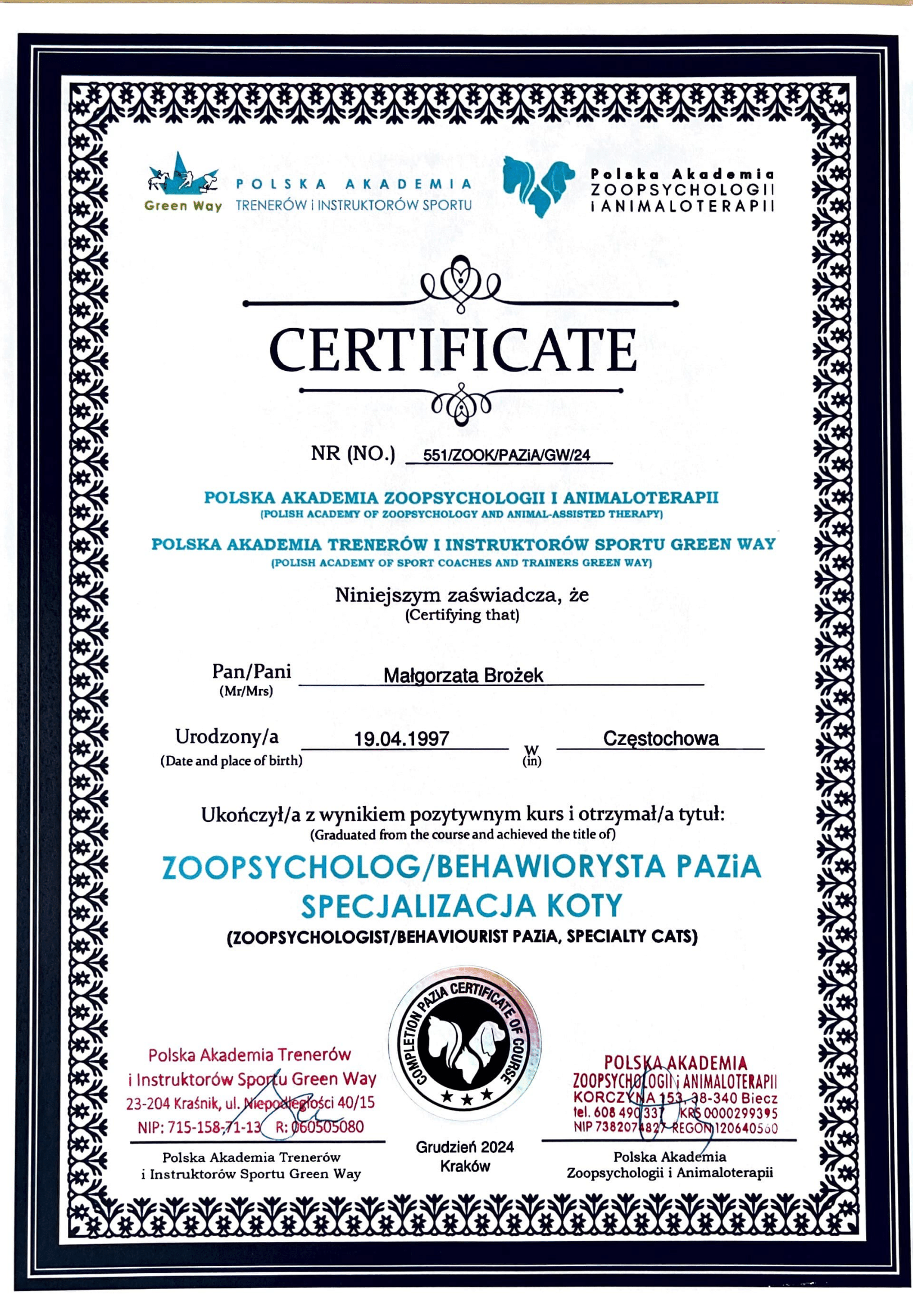 Certyfikat behawiorysty