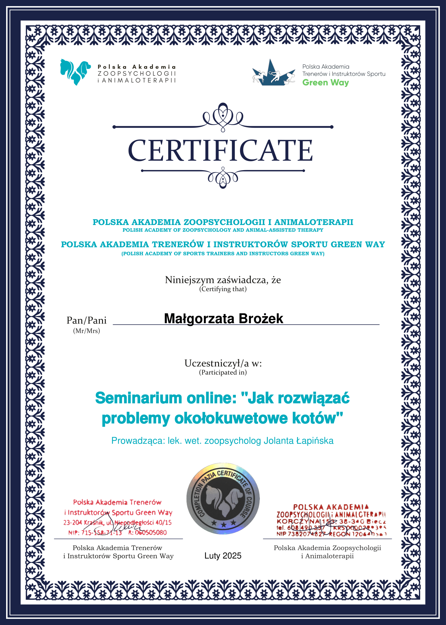 Certyfikat szkoleniowy