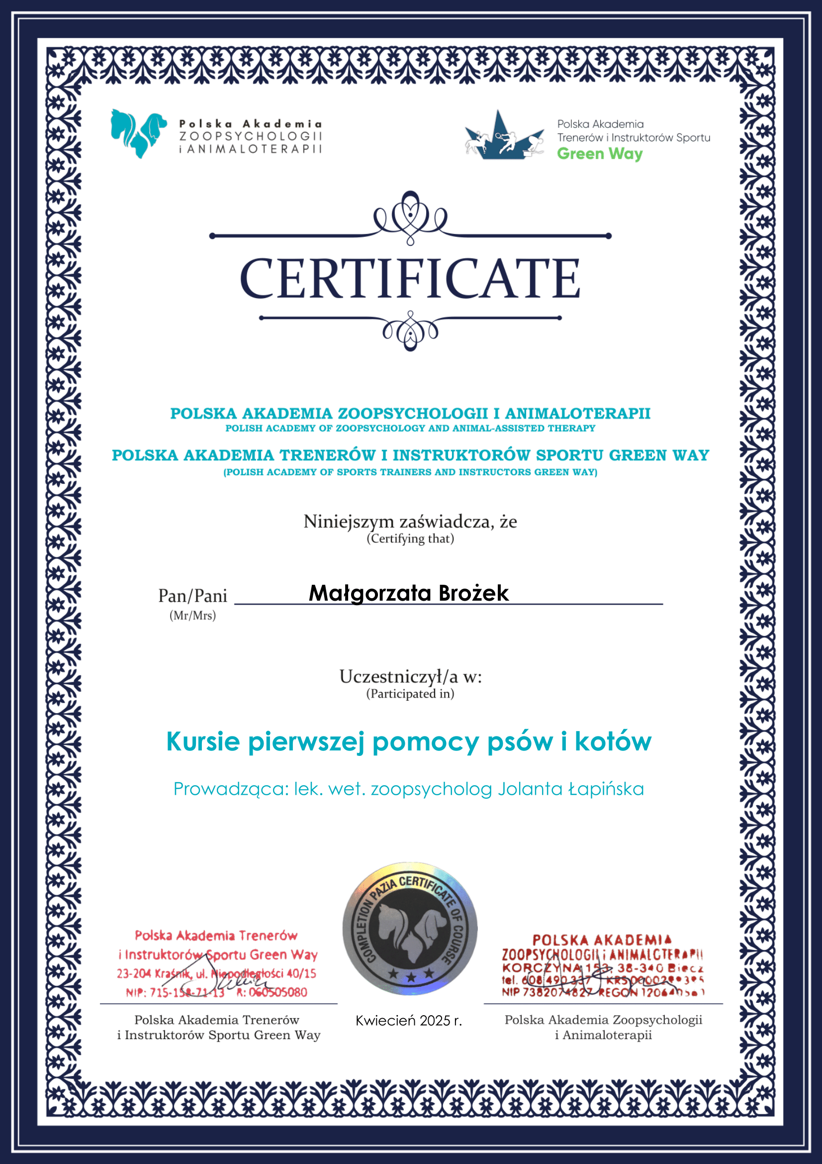 Certyfikat szkoleniowy