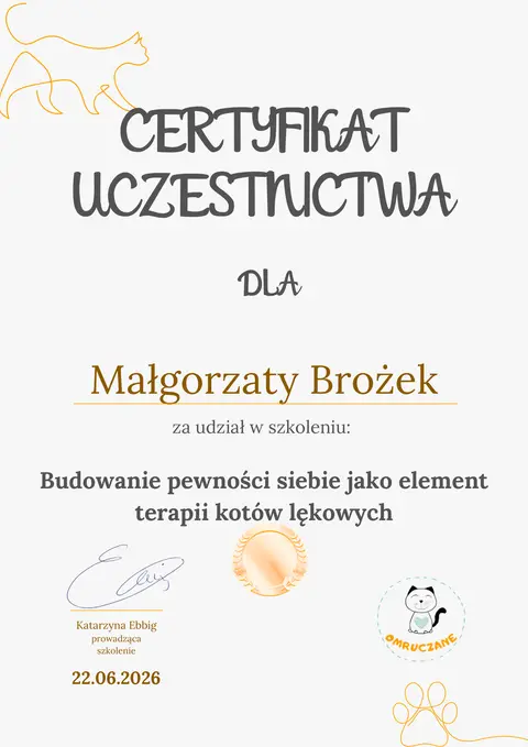 Certyfikat ukończenia szkolenia Budowanie pewności siebie jako element terapii kotów lękowych